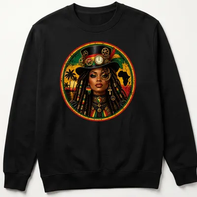 Illustration of a Rasta Queen with dreadlocks in steampunk style, featuring green, yellow, red, black, and gold colors — printed on a unisex sweatshirt