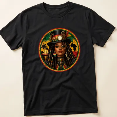 Illustration of a Rasta Queen with dreadlocks in steampunk style, featuring green, yellow, red, black, and gold colors — printed on a unisex t-shirt