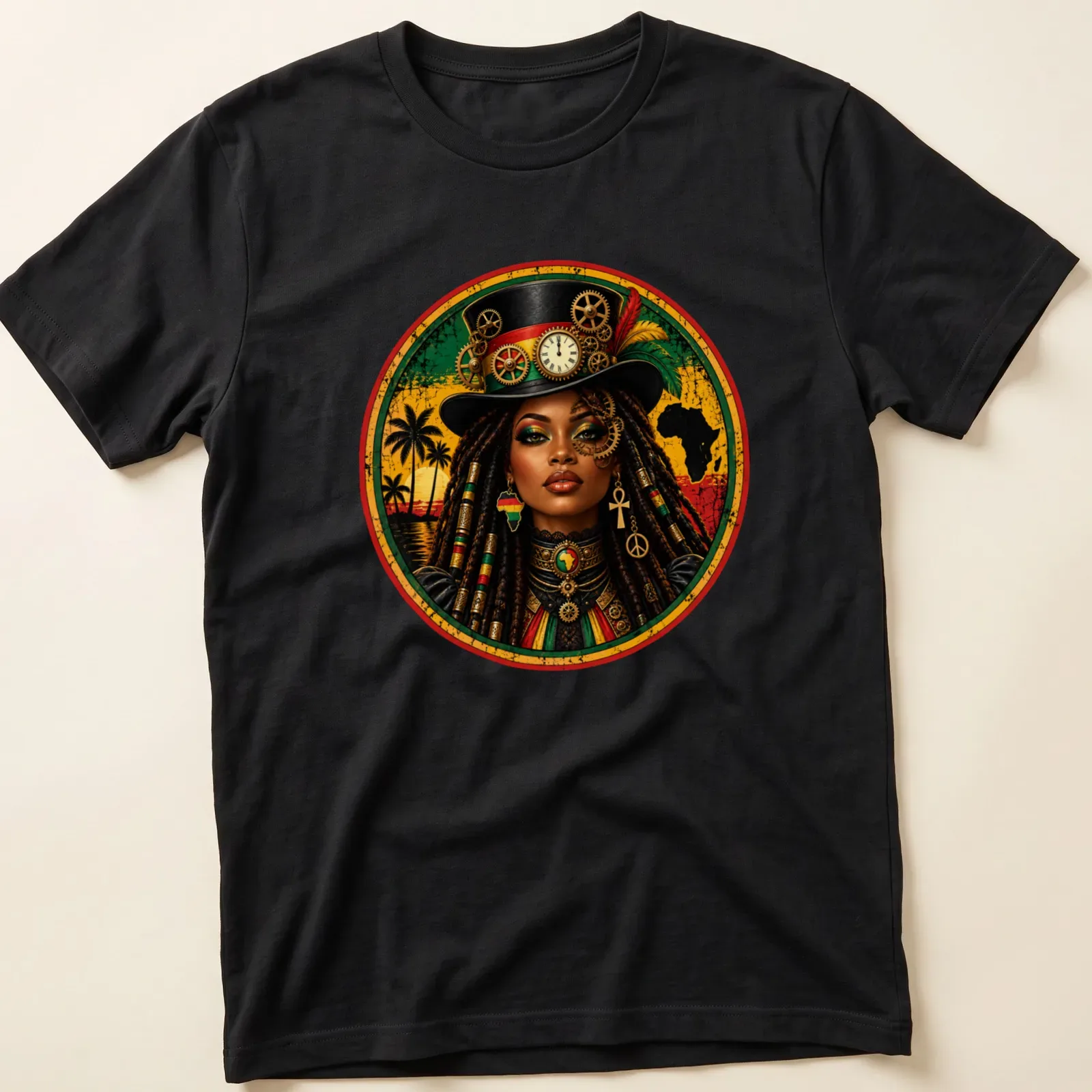 Illustration of a Rasta Queen with dreadlocks in steampunk style, featuring green, yellow, red, black, and gold colors — printed on a unisex t-shirt