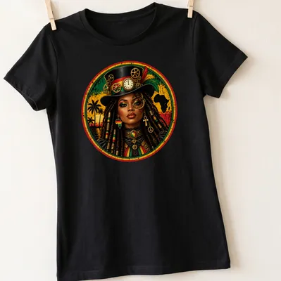 Illustration of a Rasta Queen with dreadlocks in steampunk style, featuring green, yellow, red, black, and gold colors — printed on a women's shirt