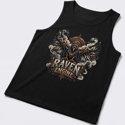 Intricate steampunk raven design with the text Raven Engine in bold letters — printed on a tank top