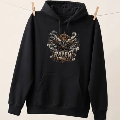 Intricate steampunk raven design with the text Raven Engine in bold letters — printed on a unisex hoodie