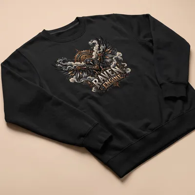 Intricate steampunk raven design with the text Raven Engine in bold letters — printed on a unisex sweatshirt