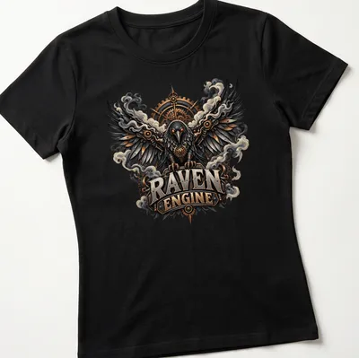 Intricate steampunk raven design with the text Raven Engine in bold letters — printed on a women's shirt
