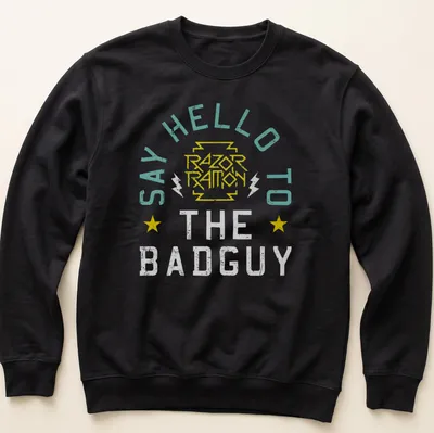 Retro graphic t-shirt with humorous text and colorful design. — printed on a unisex sweatshirt