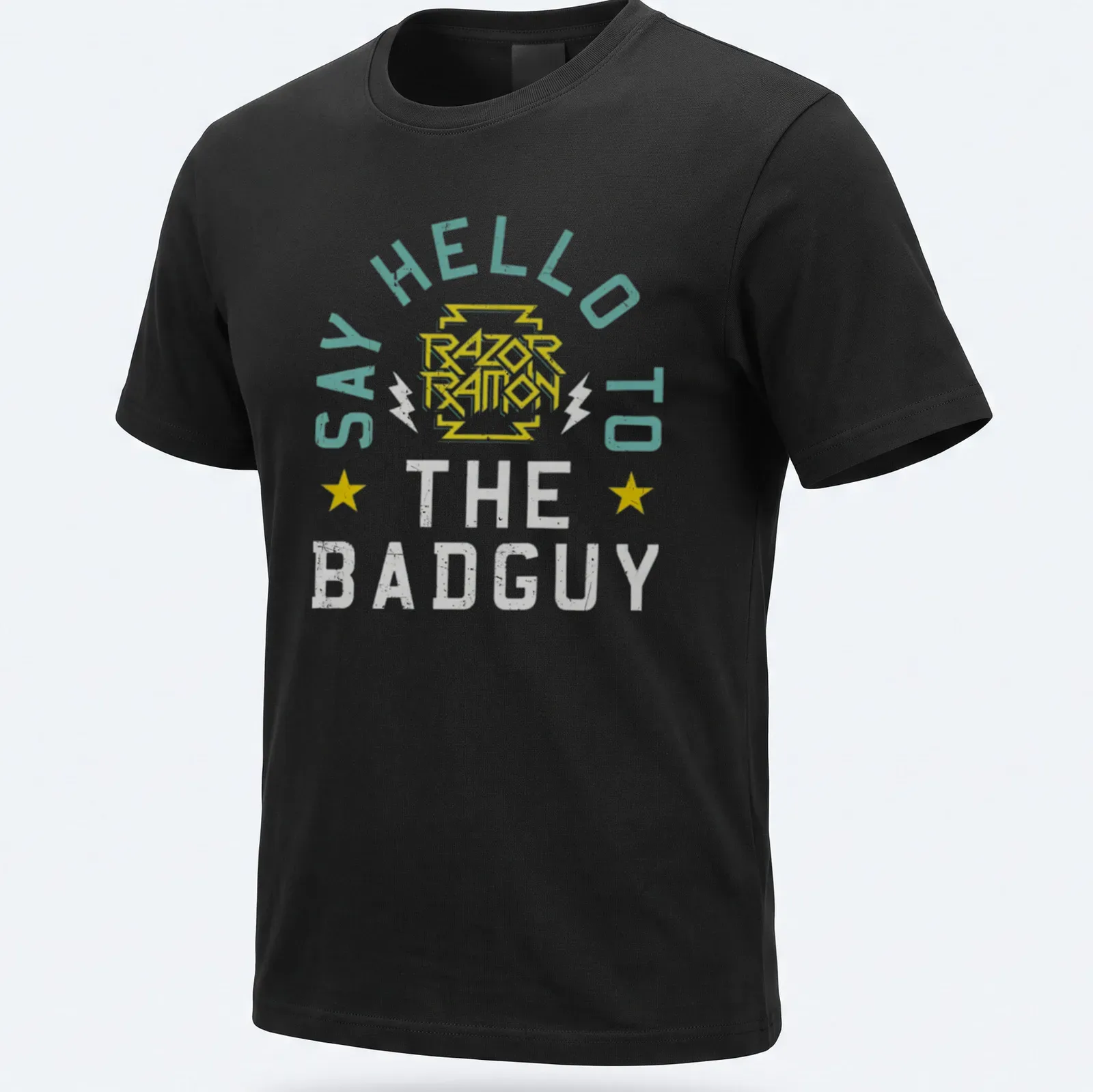 Retro graphic t-shirt with humorous text and colorful design. — printed on a unisex t-shirt