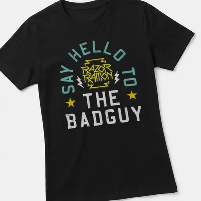 Retro graphic t-shirt with humorous text and colorful design. — printed on a women's shirt