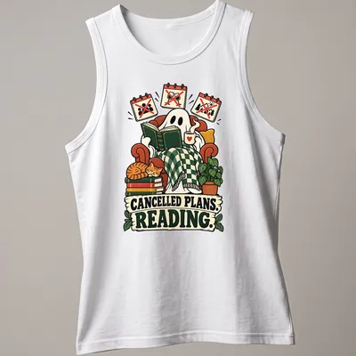 Whimsical ghost reading a book with text 'CANCELLED PLANS. READING.' in playful design — printed on a tank top