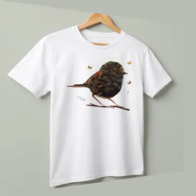 Illustration of a Red Backed Fairywren in vibrant colors — printed on a unisex t-shirt (angled view)