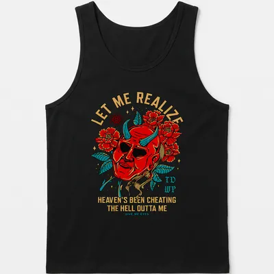 Bold illustration of a red devil mask with humorous text about heaven and eyes. — printed on a tank top
