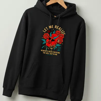 Bold illustration of a red devil mask with humorous text about heaven and eyes. — printed on a unisex hoodie