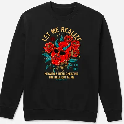 Bold illustration of a red devil mask with humorous text about heaven and eyes. — printed on a unisex sweatshirt