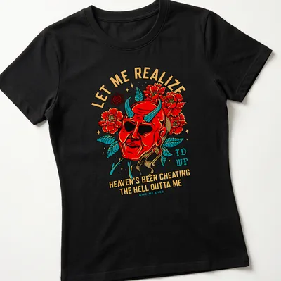 Bold illustration of a red devil mask with humorous text about heaven and eyes. — printed on a women's shirt