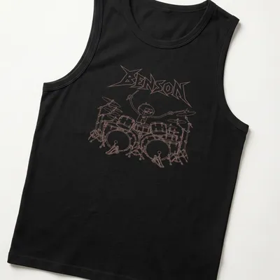 Cartoon-style print of drummer Benson playing loudly with brown and white colors — printed on a tank top