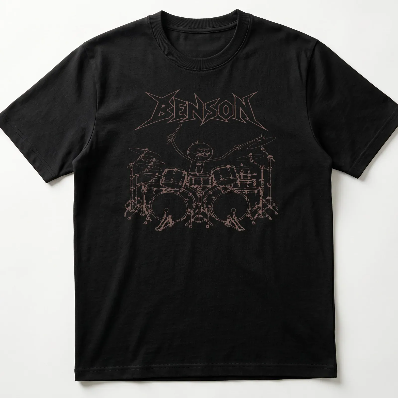 Cartoon-style print of drummer Benson playing loudly with brown and white colors — printed on a unisex t-shirt