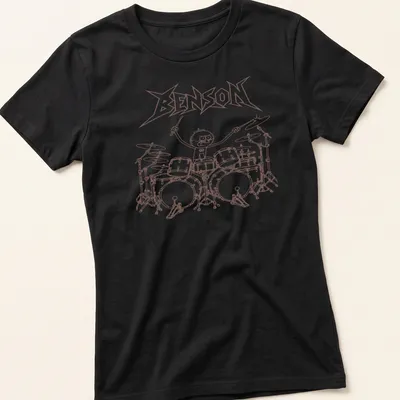 Cartoon-style print of drummer Benson playing loudly with brown and white colors — printed on a women's shirt