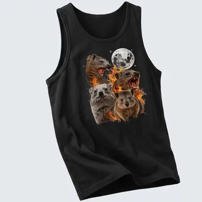 Realistic illustration of a rock hyrax against a flame-like background — printed on a tank top