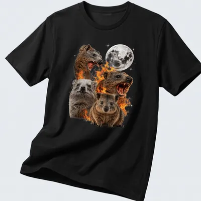 Realistic illustration of a rock hyrax against a flame-like background