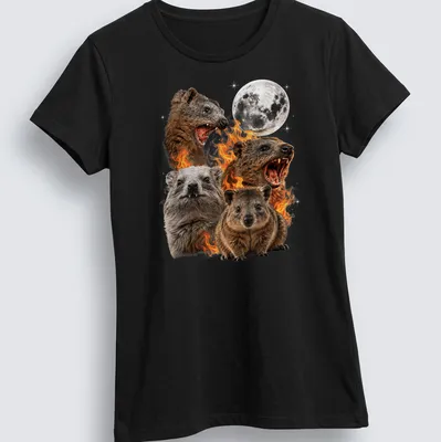 Realistic illustration of a rock hyrax against a flame-like background — printed on a women's shirt
