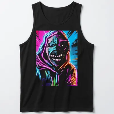 Colorful pop art of a rock legend in pink, blue, orange, green, and black — printed on a tank top