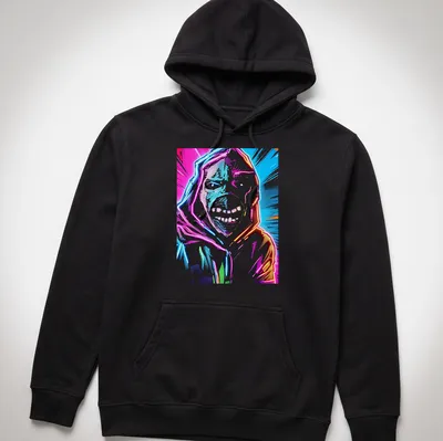 Colorful pop art of a rock legend in pink, blue, orange, green, and black — printed on a unisex hoodie
