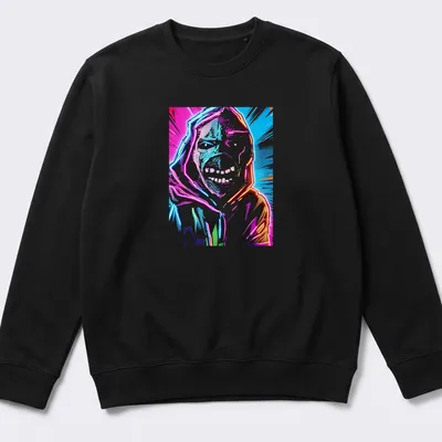 Colorful pop art of a rock legend in pink, blue, orange, green, and black — printed on a unisex sweatshirt