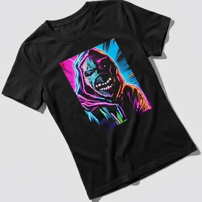 Colorful pop art of a rock legend in pink, blue, orange, green, and black — printed on a women's shirt