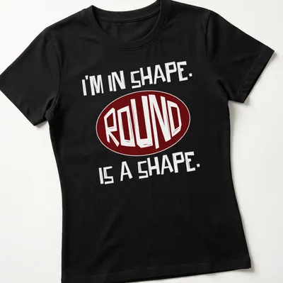 Bold typography tee featuring the word Round in maroon and white — printed on a women's shirt