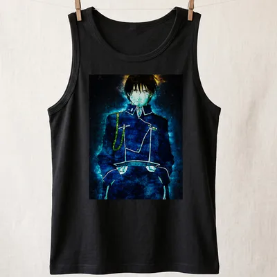 Anime style illustration of Roy Mustang surrounded by blue flames — printed on a tank top