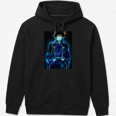 Anime style illustration of Roy Mustang surrounded by blue flames — printed on a unisex hoodie
