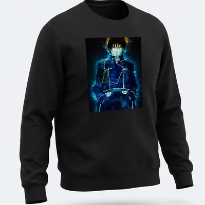 Anime style illustration of Roy Mustang surrounded by blue flames — printed on a unisex sweatshirt