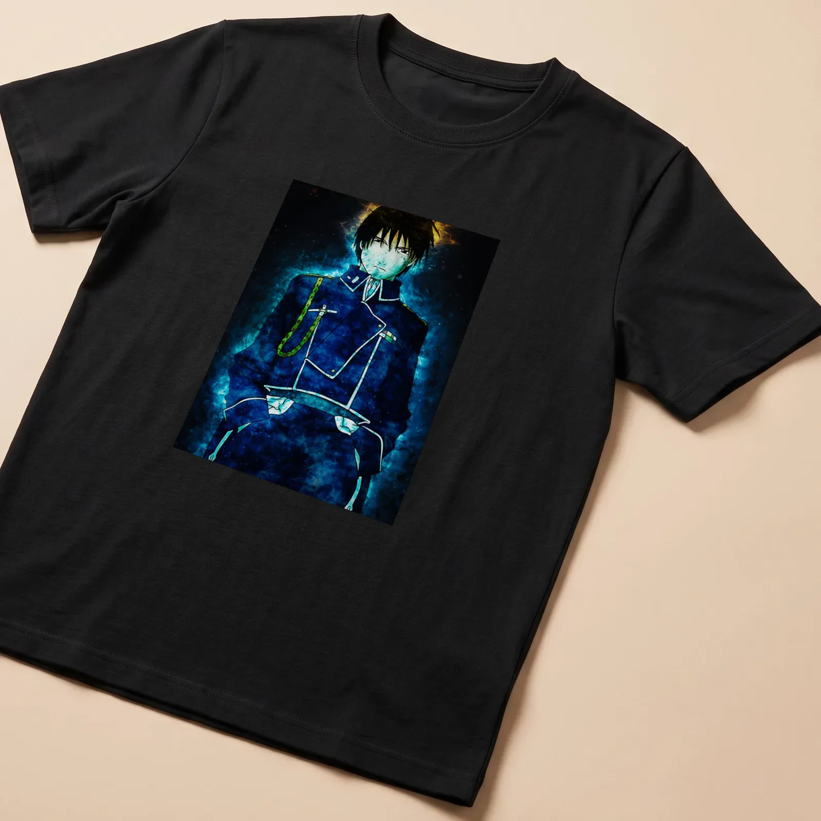 Anime style illustration of Roy Mustang surrounded by blue flames — printed on a unisex t-shirt