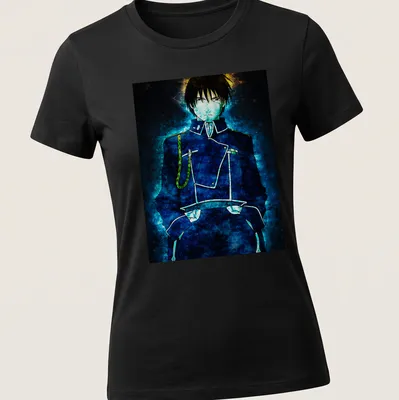 Anime style illustration of Roy Mustang surrounded by blue flames — printed on a women's shirt