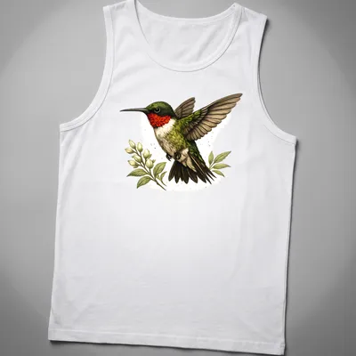 Detailed illustration of a Ruby Throated Hummingbird in flight — printed on a tank top