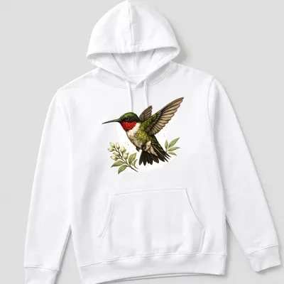 Detailed illustration of a Ruby Throated Hummingbird in flight — printed on a unisex hoodie