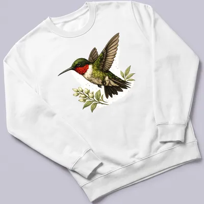 Detailed illustration of a Ruby Throated Hummingbird in flight — printed on a unisex sweatshirt