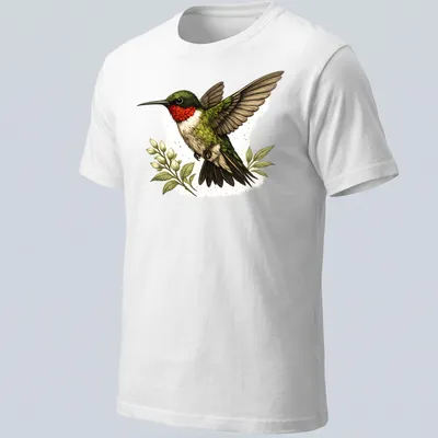 Detailed illustration of a Ruby Throated Hummingbird in flight — printed on a unisex t-shirt