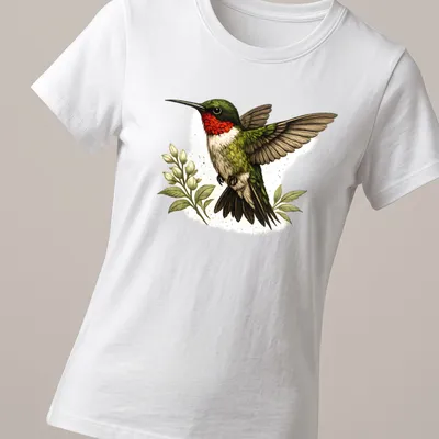 Detailed illustration of a Ruby Throated Hummingbird in flight — printed on a women's shirt