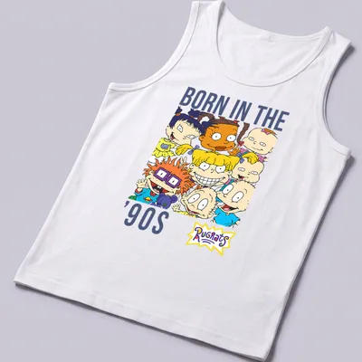 Rugrats characters surrounding text 'Born in the ’90s' in vibrant colors. — printed on a tank top
