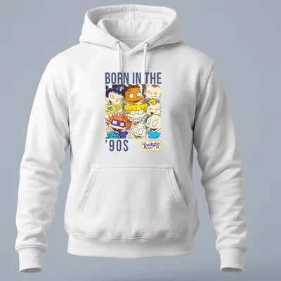 Rugrats characters surrounding text 'Born in the ’90s' in vibrant colors. — printed on a unisex hoodie