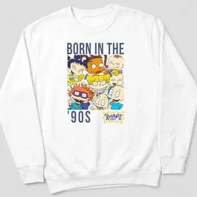 Rugrats characters surrounding text 'Born in the ’90s' in vibrant colors. — printed on a unisex sweatshirt