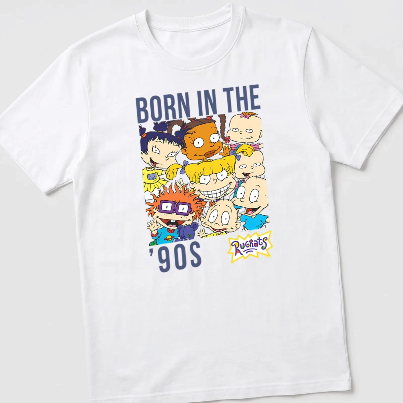 Rugrats characters surrounding text 'Born in the ’90s' in vibrant colors. — printed on a unisex t-shirt