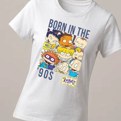 Rugrats characters surrounding text 'Born in the ’90s' in vibrant colors. — printed on a women's shirt
