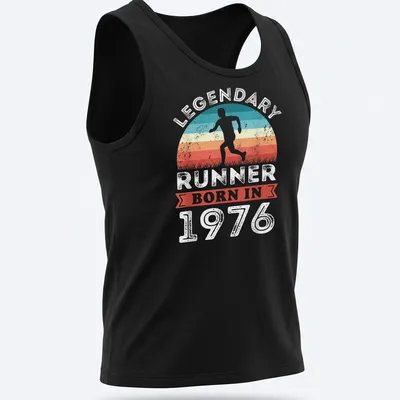 Vintage retro shirt with a runner and text celebrating a 1976 athlete — printed on a tank top
