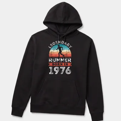 Vintage retro shirt with a runner and text celebrating a 1976 athlete — printed on a unisex hoodie