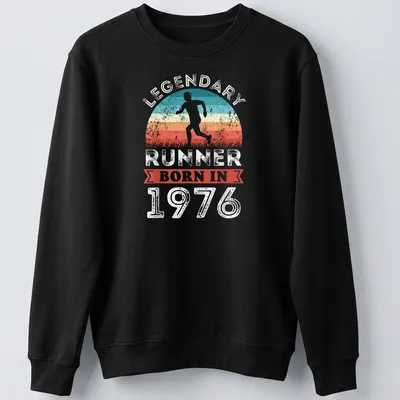 Vintage retro shirt with a runner and text celebrating a 1976 athlete — printed on a unisex sweatshirt
