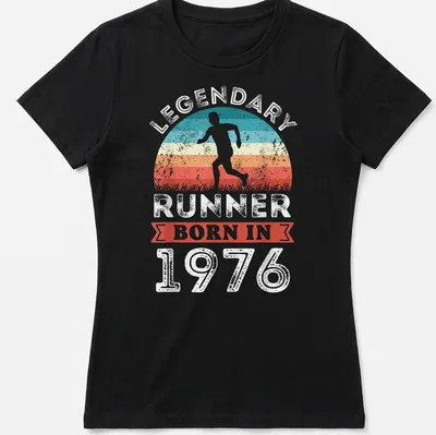 Vintage retro shirt with a runner and text celebrating a 1976 athlete — printed on a women's shirt