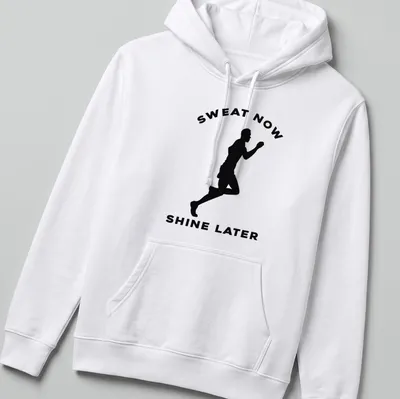 Motivational t-shirt featuring bold text and a runner silhouette in black and white. — printed on a unisex hoodie