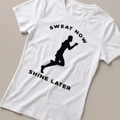 Motivational t-shirt featuring bold text and a runner silhouette in black and white. — printed on a women's shirt