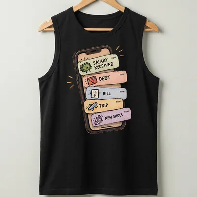 Kawaii illustration of a smartphone with financial labels in pastel colors — printed on a tank top